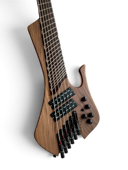 MihaDo Cosmic Bass 34/32-inch 6-string multiscale bass with decorative wood top angled front view